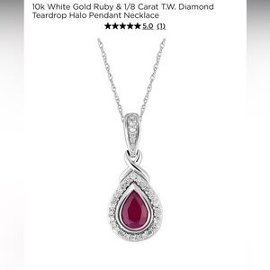 10k White Gold Ruby & 1/8 Carat T.W. Diamond Teardrop Halo Pendant Necklace